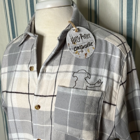 Rare Dobby Harry Potter flannel cakeworthy cream grey w/ brown pinstripe tartan - Picture 3 of 16
